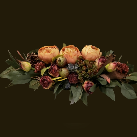 Artificial Flower Arrangement Wood Dough Bowl Roses Berries Eucalyptus - Picture 2 of 7